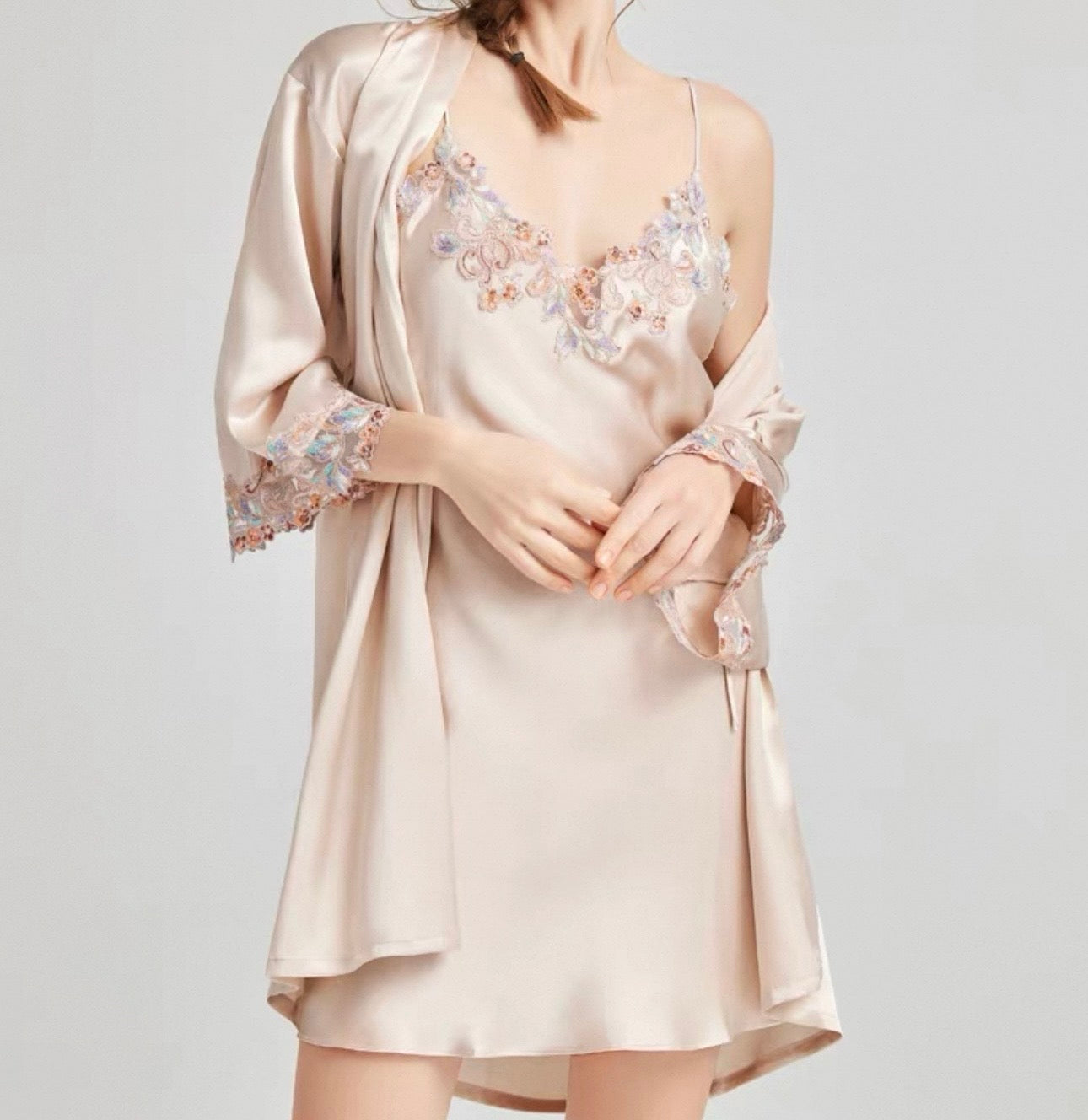 Blush Silk Satin Robe & Embroidered Slip Dress Set